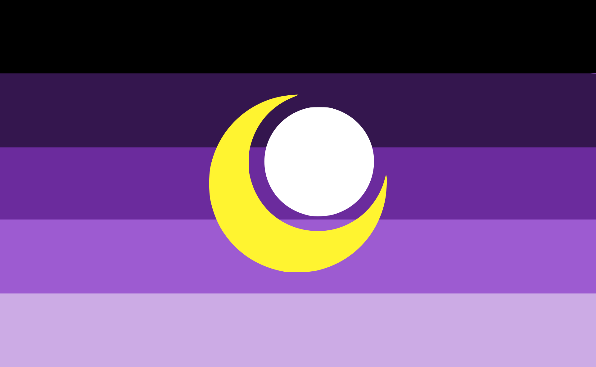 A five-band flag from black to pale lavender with a large yellow crescent wrapping a white disc.