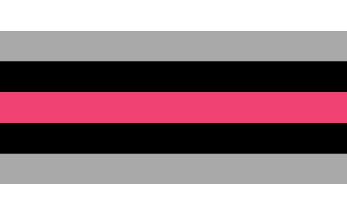 Seven horizontal stripes symmetrical about the centre: white, dark grey, black, a pink centre, black, dark grey, white.