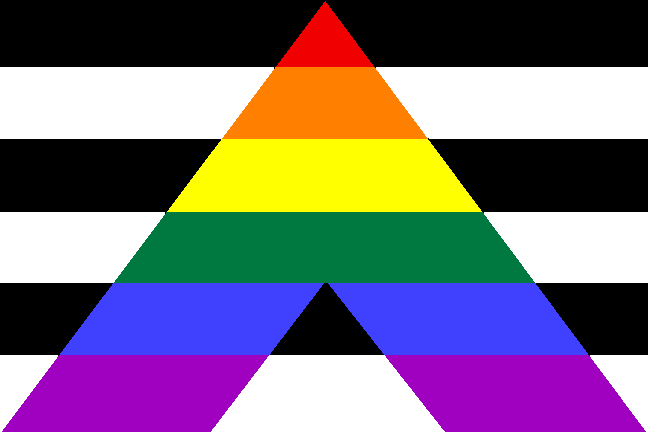 Straight ally flag GIF: six alternating black and white stripes with a rainbow inverted-V device.