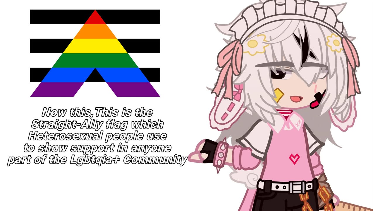 A slide from a social media post showing the straight ally flag, black and white horizontal bars with a rainbow chevron pointing upward, beside a pink-and-white cartoon character. Hand-lettered text reads that this is the Straight-Ally flag which heterosexual people use to show support to anyone part of the LGBTQIA+ community.