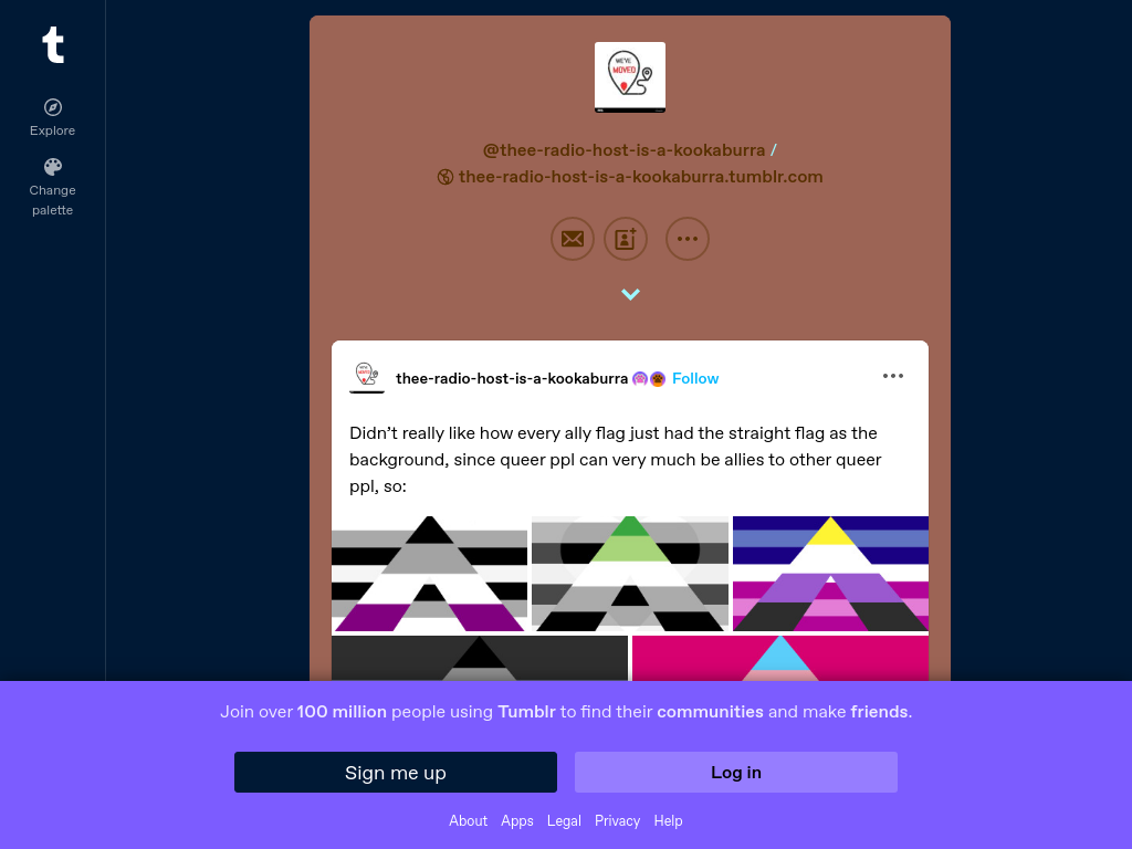 A screenshot of a Tumblr post by the account thee-radio-host-is-a-kookaburra reading: "Didn't really like how every ally flag just had the straight flag as the background, since queer ppl can very much be allies to other queer ppl, so:" Below it, a grid of ally flags whose fields are greyscale, asexual and other palettes rather than black and white, each charged with a chevron.