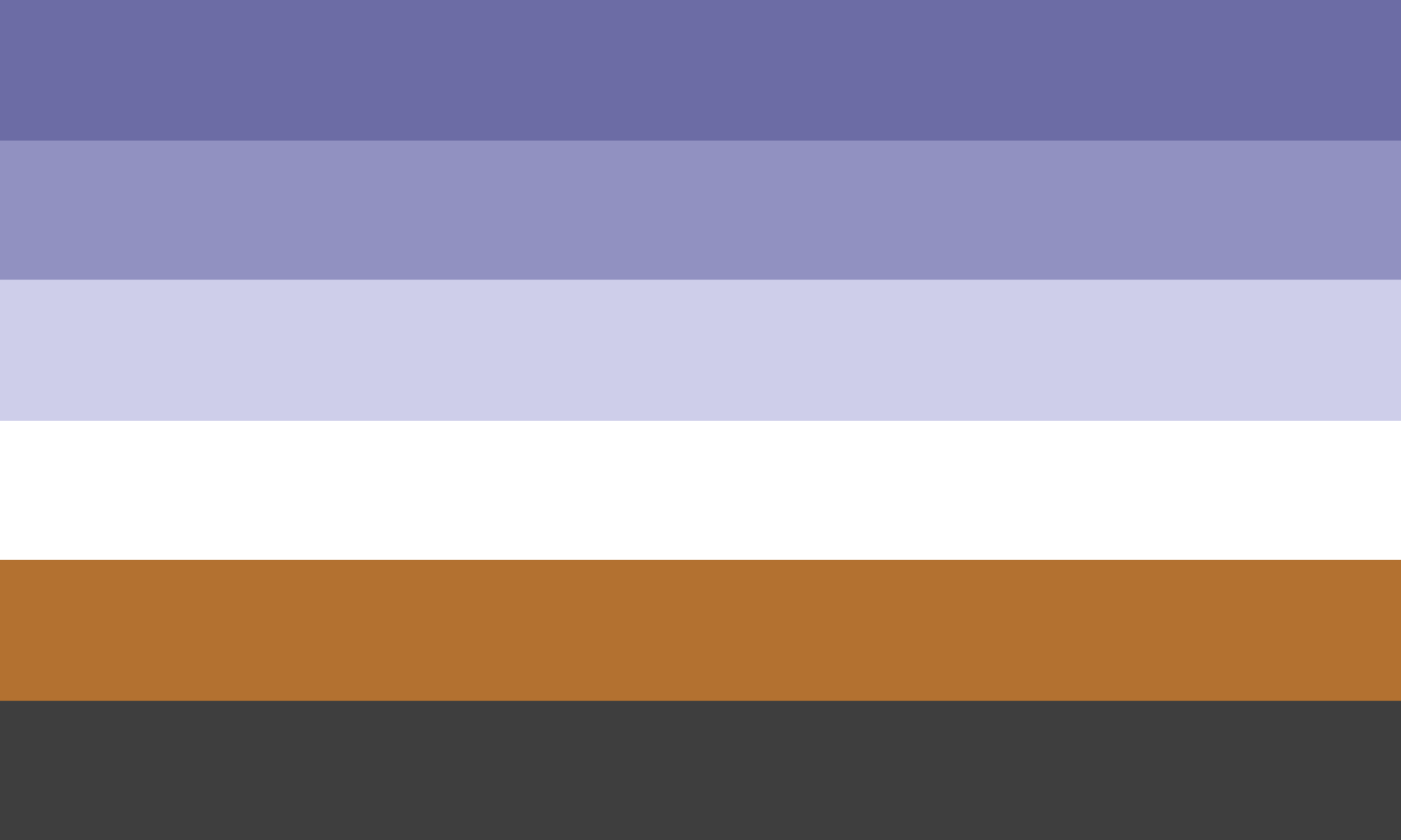 Six equal horizontal stripes, slate purple, mid purple, pale lavender, white, brown and dark grey, with no symbol.