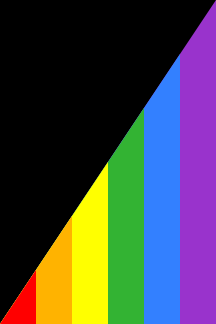 A flag taller than it is wide, split corner to corner, black above and vertical rainbow stripes below with red at the hoist.