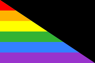 A rectangle split corner to corner from top hoist to bottom fly, black above and rainbow stripes below.