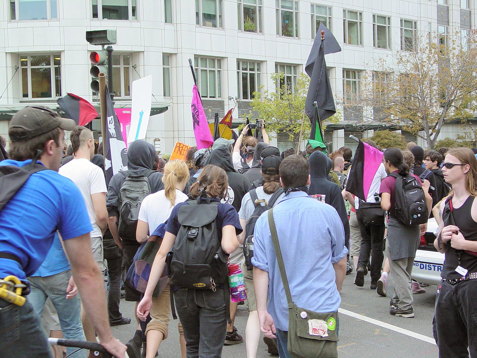 Marchers in a black bloc on a Washington street, one carrying a flag divided diagonally into black and pink.