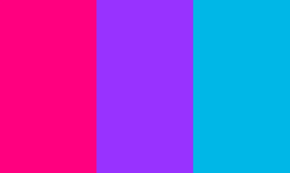 Three equal vertical stripes, pink at the hoist, purple in the centre, cyan-blue at the fly.