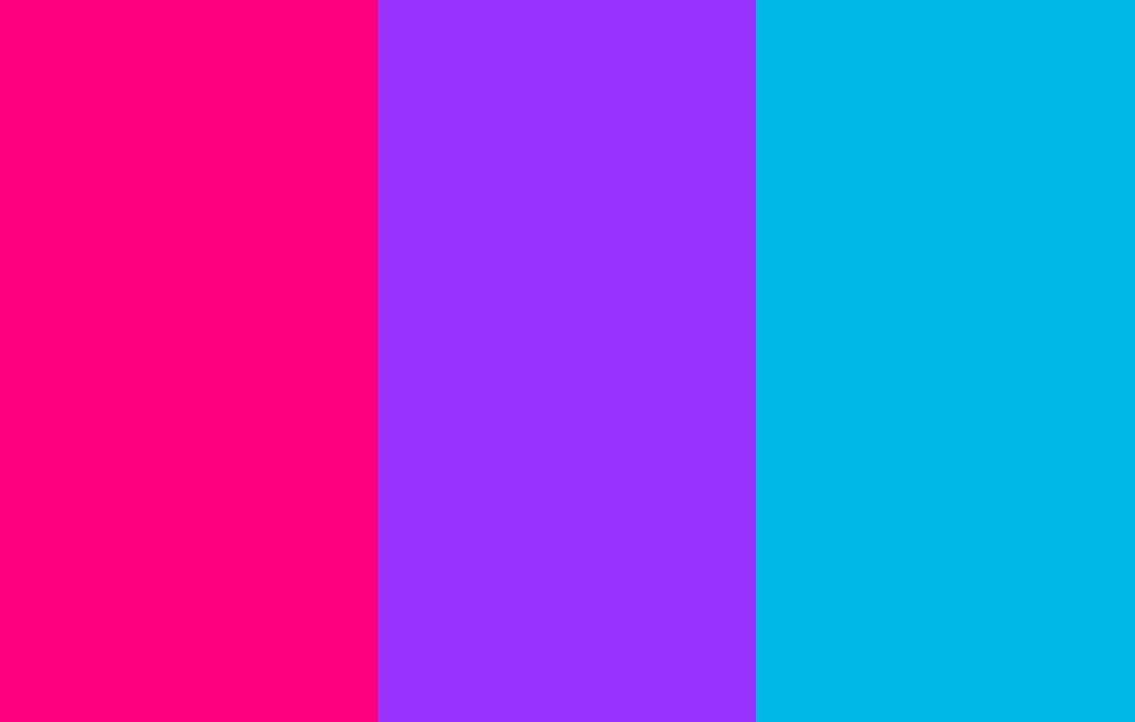 Three near-equal vertical stripes, deep pink at the hoist, purple in the centre, cyan-blue at the fly.