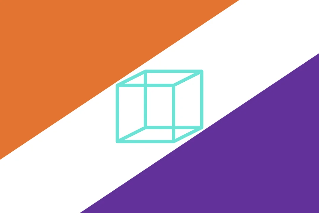 A flag divided by two diagonal bands: orange at the upper hoist, a broad white diagonal across the centre carrying a teal wire-frame cube, and purple at the lower fly.