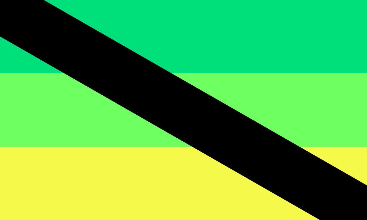 The 2018 alternative Aporagender flag by Mod Lune: green, yellow and teal stripes crossed by a black diagonal band.
