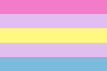 The original Aporagender flag file: five equal horizontal stripes in pink, lavender, yellow, lavender, and blue.
