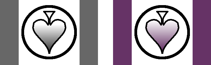 Two early flag proposals, each with vertical side bars and a circled downward spade with a white-to-black gradient, one in grey and one in purple.
