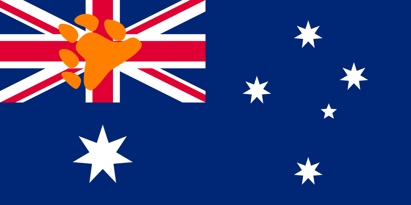 The Australian national flag with an orange bear paw print placed over the Union Jack in the canton.