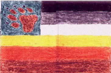 A flag drawn in crayon: six broad horizontal bands from near-black at the top through grey, white, yellow and orange to dark red, with a large paw print on a mottled panel in the upper left.