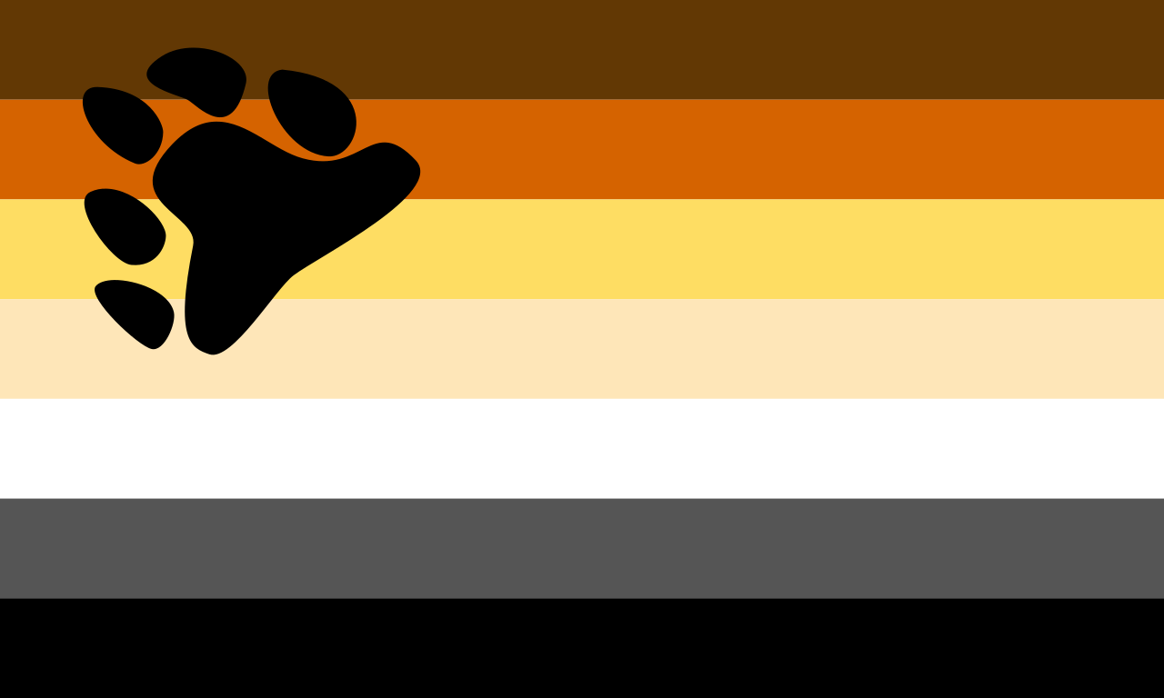 A digital rendering of the bear flag: seven horizontal stripes with a black paw print at the hoist.