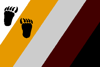 A flag of broad diagonal stripes in white, gold, grey, dark red and black, with two clawed bear paw prints across the upper hoist.