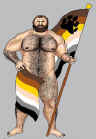 A small illustration of a bearded, heavyset man holding a staff flying the bear flag.