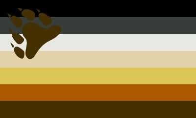 Seven horizontal stripes running black at the top down to dark brown at the bottom, with a brown bear paw print with claws across the upper hoist.