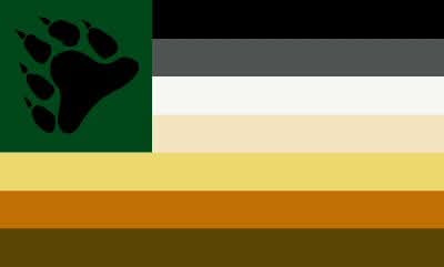 Seven horizontal stripes running black at the top down to dark brown, with a black bear paw print on a dark green square field in the upper hoist.
