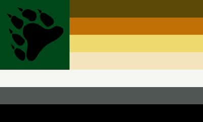 Seven horizontal stripes running dark brown at the top down to black, with a black bear paw print on a dark green square field in the upper hoist.