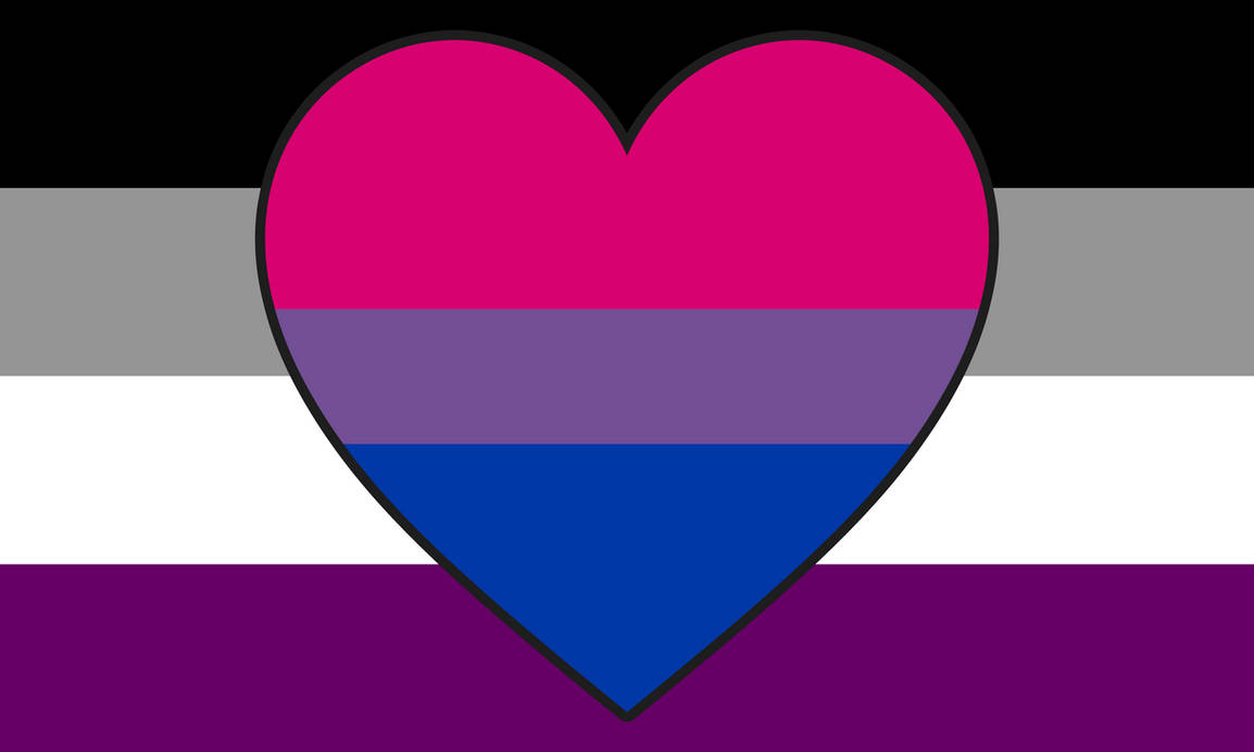 Four horizontal stripes, black, grey, white and purple, with a large dark-outlined heart in magenta, purple and blue at the centre.