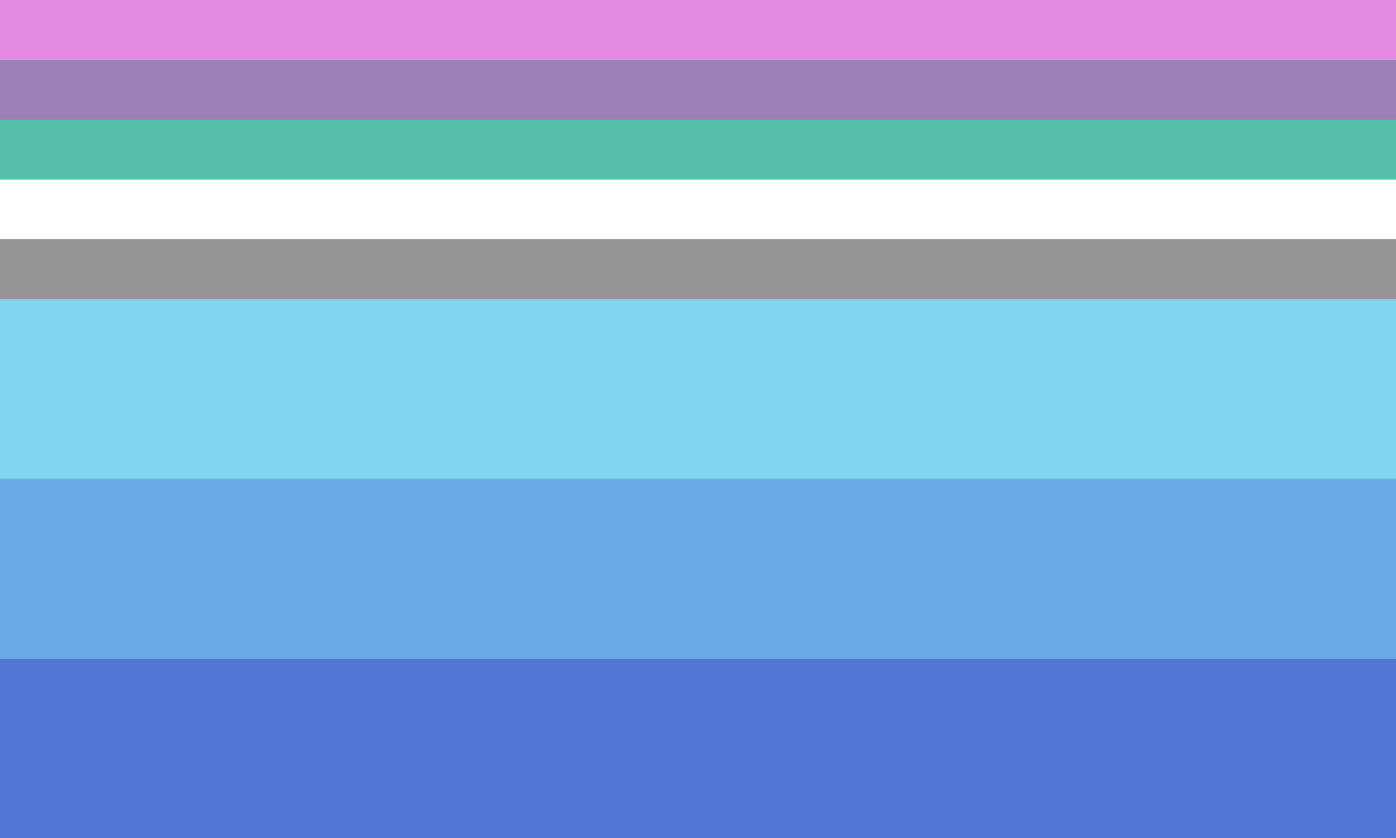 An eight-stripe boyflux design: five thin stripes in pink, purple, green, white and grey above three thick blue stripes.