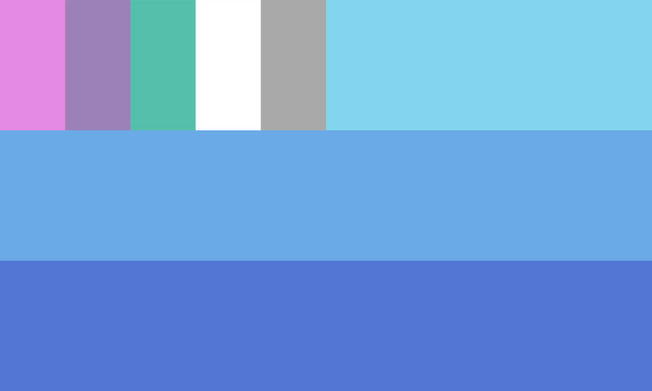 The original boyflux flag: three blue horizontal bands with a five-bar canton in pink, purple, green, white and grey in the upper hoist.