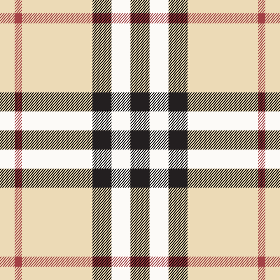 A tartan check on a camel ground: paired black bars, a white bar and thin red lines crossing in both directions.