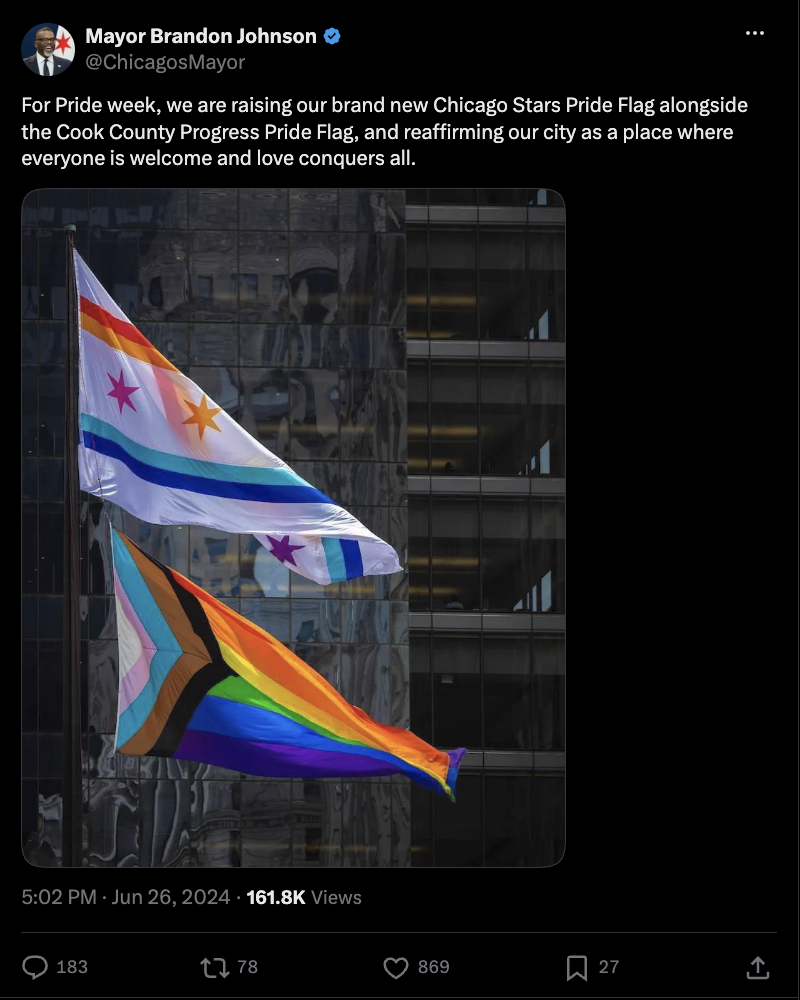 Mayor Brandon Johnson's post of 26 June 2024 introducing the Chicago Stars Pride Flag, with the photograph of it flying above the Progress Pride Flag at Daley Plaza.