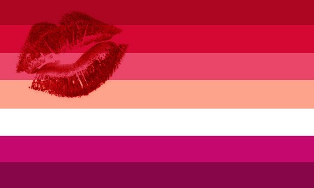 Seven horizontal stripes, from the top dark crimson, red, pink-red, salmon, white, magenta and dark purple-magenta, with a textured dark red lipstick print at the upper hoist.