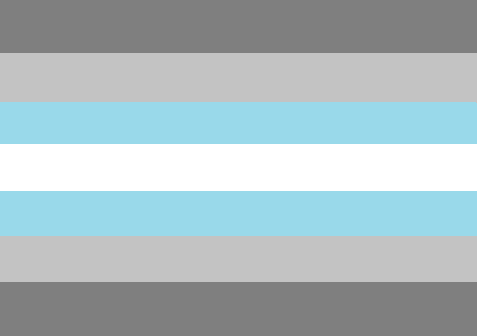 Salem's original demiguy flag artwork, now commonly called the demiboy flag: seven mirrored horizontal stripes in dark gray, light gray, light blue, white, light blue, light gray, and dark gray