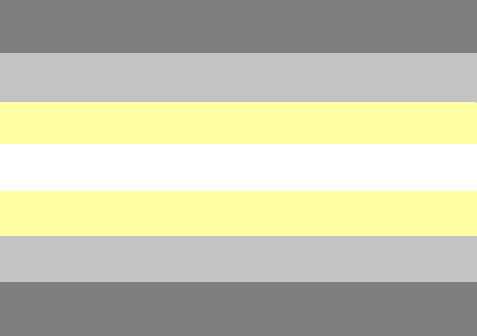 The original 2014 deminonbinary flag image: seven horizontal stripes of unequal depth, dark grey, light grey, pale yellow, white, pale yellow, light grey, dark grey.