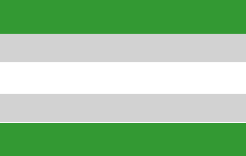 The Gray (a)romantic flag: a black triangle at the hoist over green, white and gray fields.