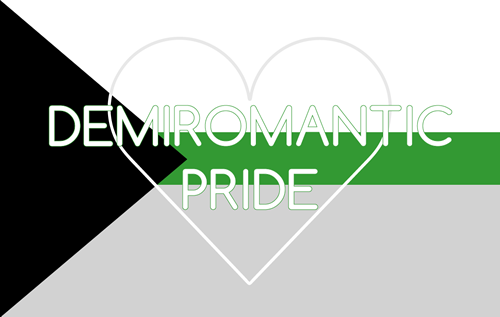 The Demiromantic flag overlaid with an outlined heart and the words DEMIROMANTIC PRIDE.