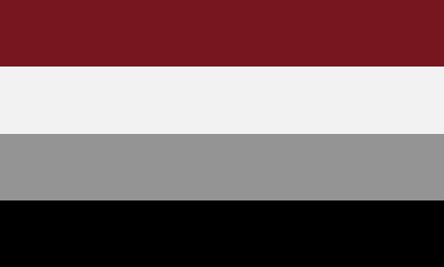 Four equal horizontal stripes: dark maroon, white, grey and black.