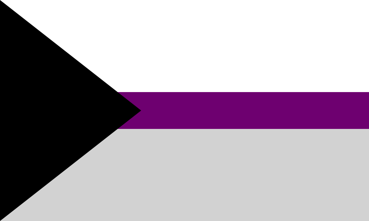 Three horizontal bands, white above a narrow purple band above grey, with a black triangle at the hoist reaching a little over a third of the way across.