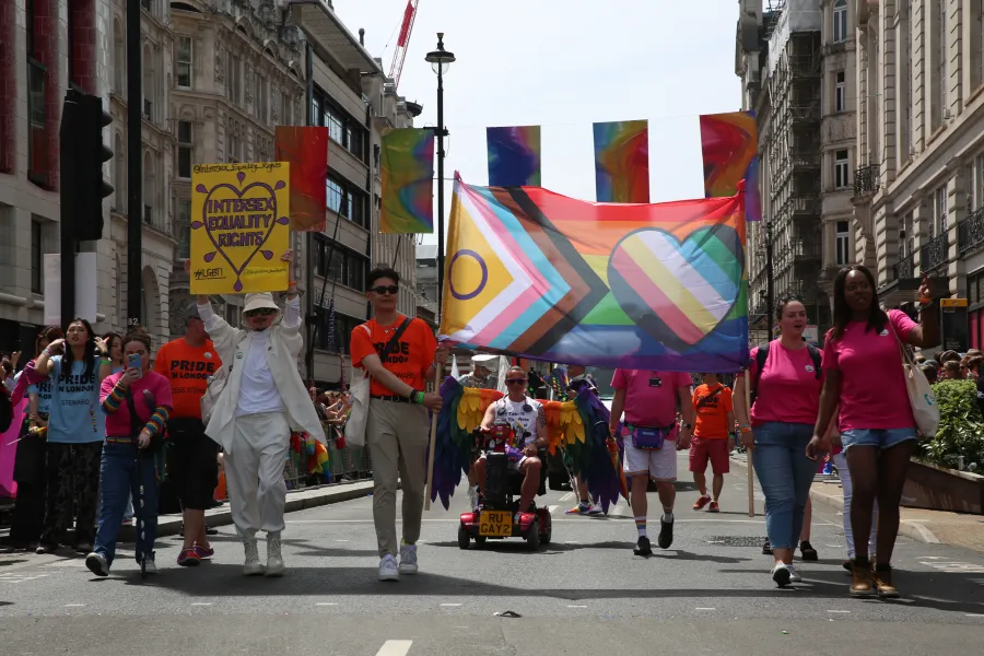 The Disability-Inclusive Pride Flag carried through central London at the Pride in London Parade on June 29, 2024, alongside marchers from Evenbreak and intersex equality campaigners