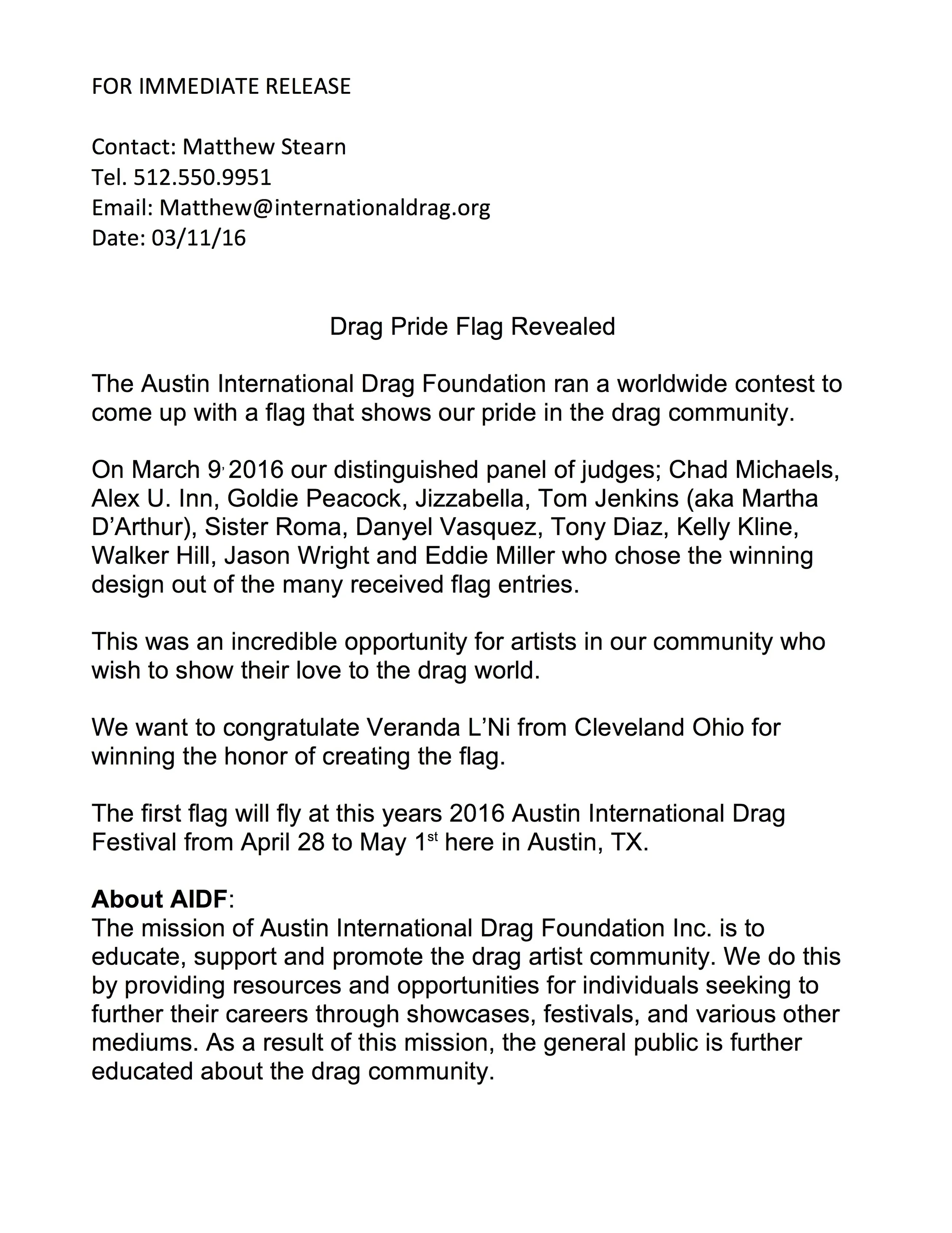 The AIDF press release: a typed page headed FOR IMMEDIATE RELEASE, dated 03/11/16, announcing the winner of the drag flag contest.