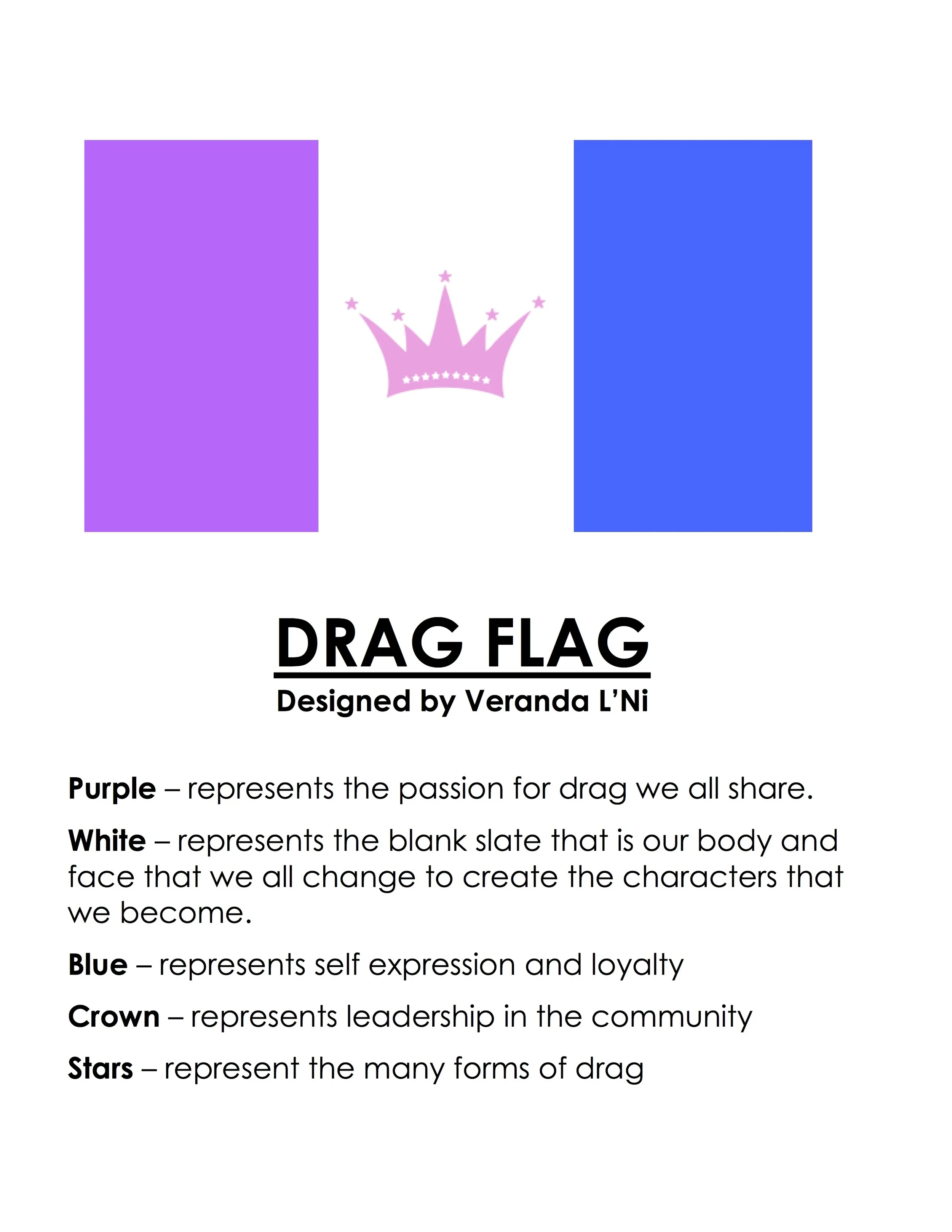 Veranda L’Ni’s contest-entry sheet: the flag above the heading DRAG FLAG, Designed by Veranda L’Ni, and a list giving the meaning of the purple, white and blue bands, the crown and the stars.