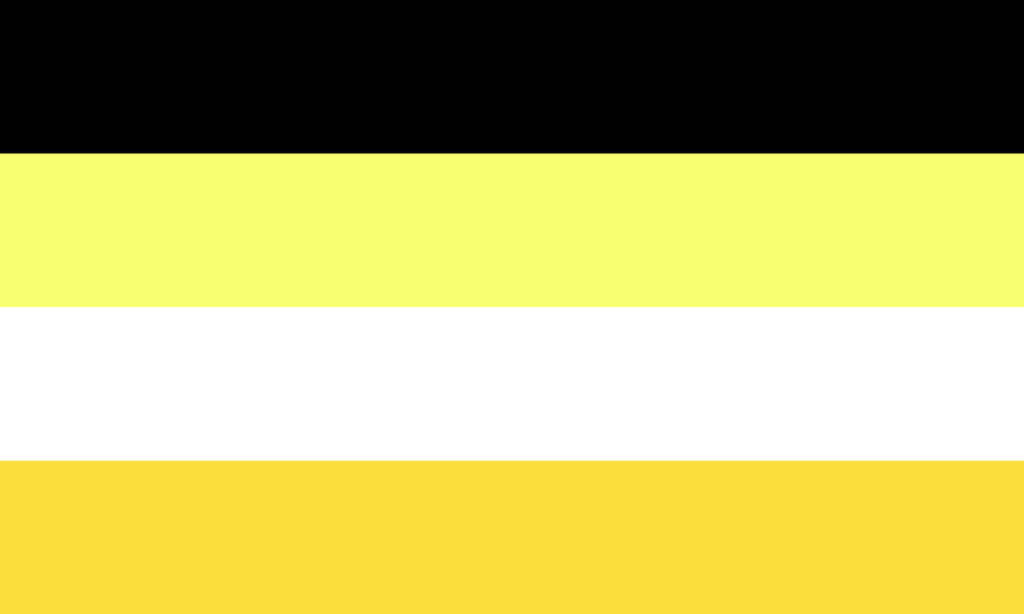 The pastelmemer egogender/charagender flag: four horizontal stripes in black, light yellow, white, and gold