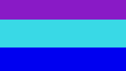 Helkie-three's original egogender flag: three unequal horizontal stripes in purple, cyan, and blue