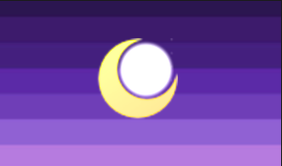 A variant of the enbian flag at higher saturation: a purple gradient with a yellow crescent around an off-white disc.