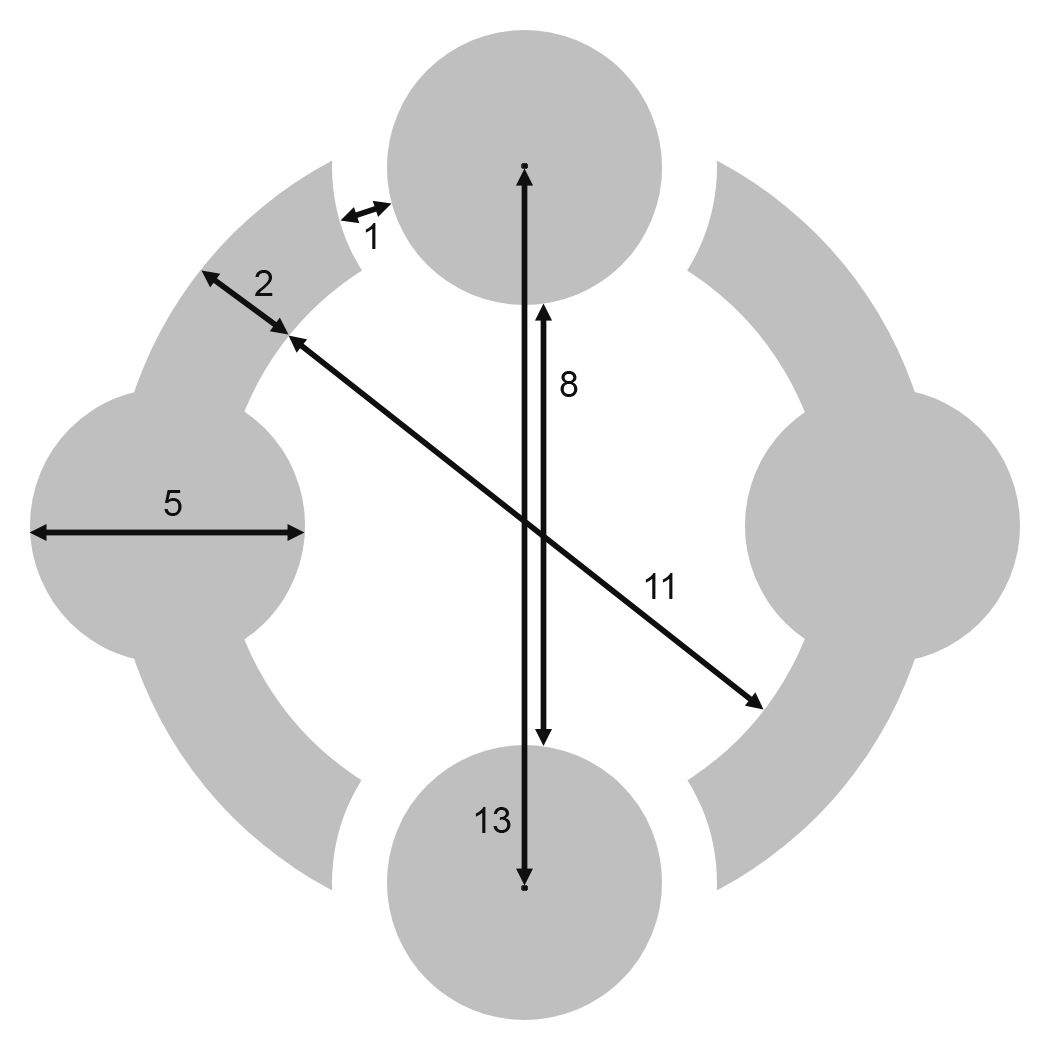 A dimensioned drawing of the four-element symbol, marked with the numbers 1, 2, 5, 8, 11 and 13.