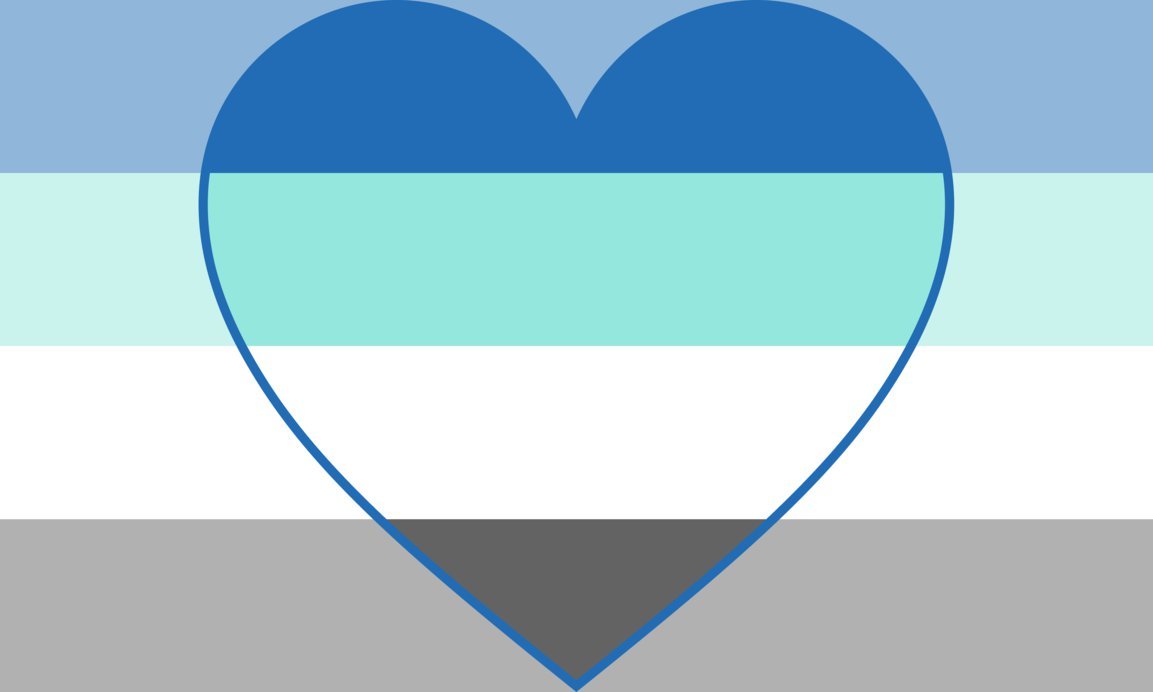 Four horizontal bands in blue, cyan, white, and dark grey, with a large blue-outlined heart laid over them and slightly lighter colours outside the heart.