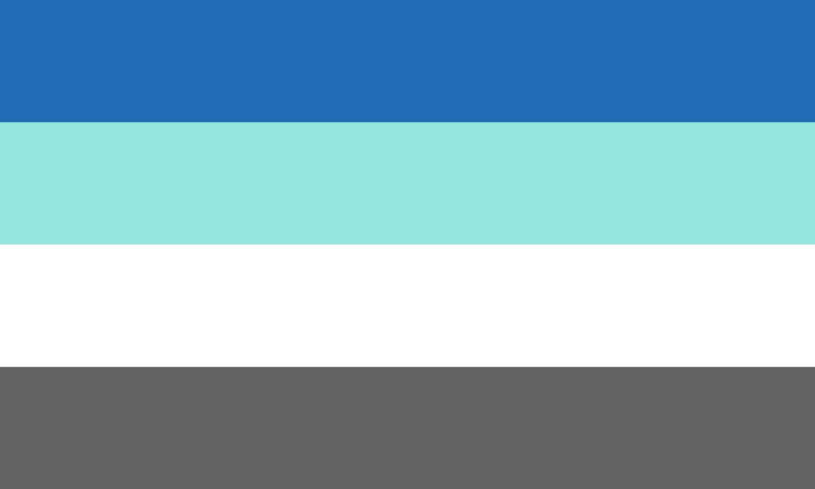 Four horizontal bands in medium blue, pale cyan, white, and dark grey.