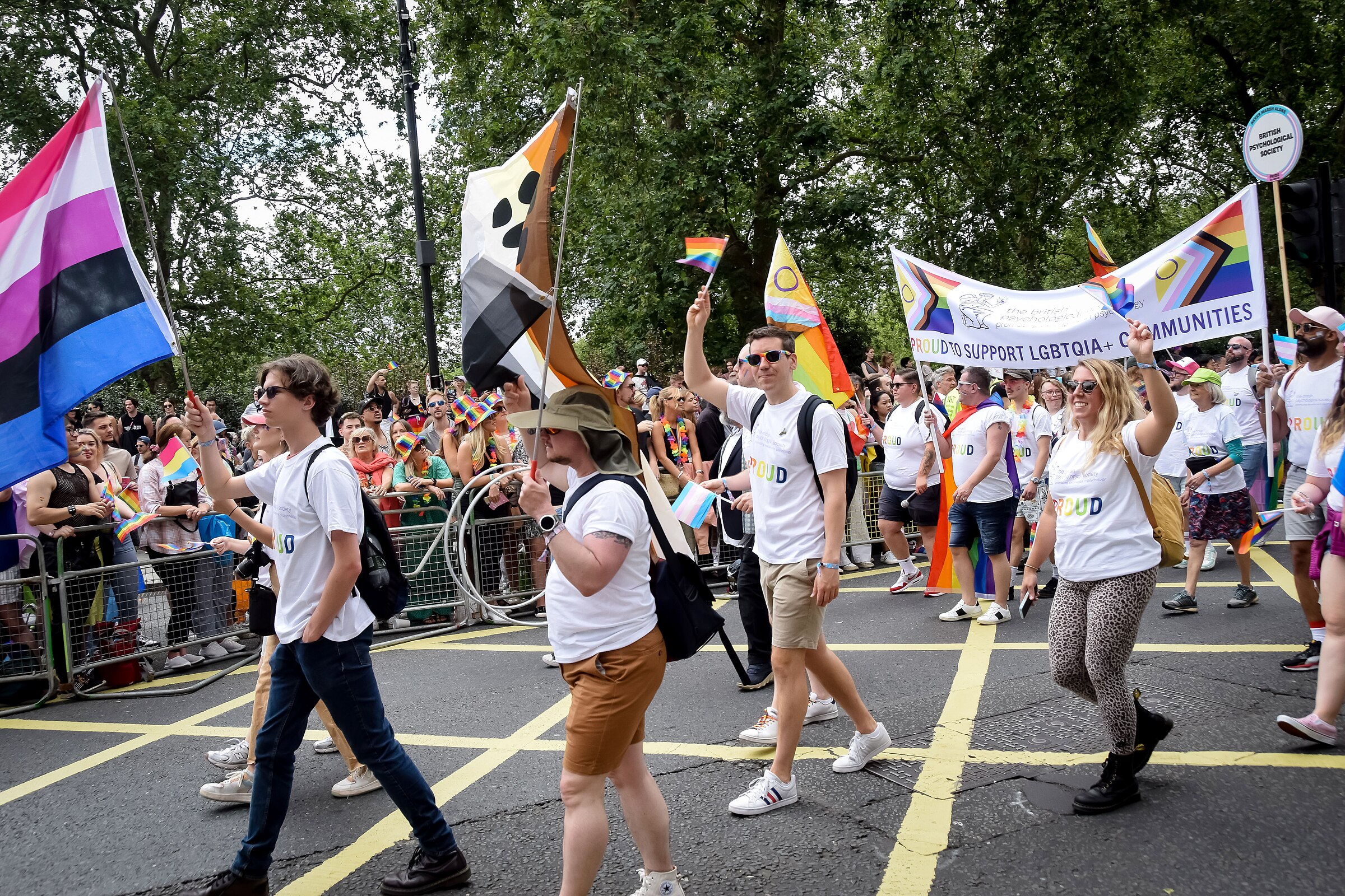 A person holding up a five-stripe pink, white, purple, black and blue flag at a Pride parade.