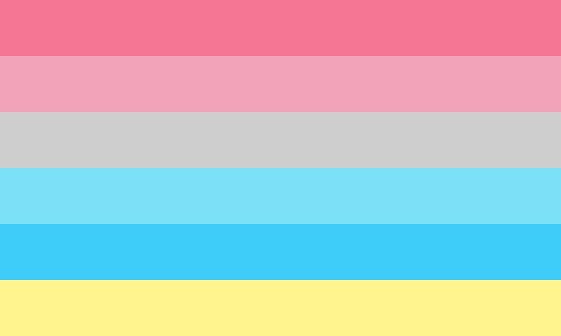 The genderflux flag as submitted in 2014: six equal horizontal stripes of dark pink, light pink, grey, light blue, dark blue and yellow.