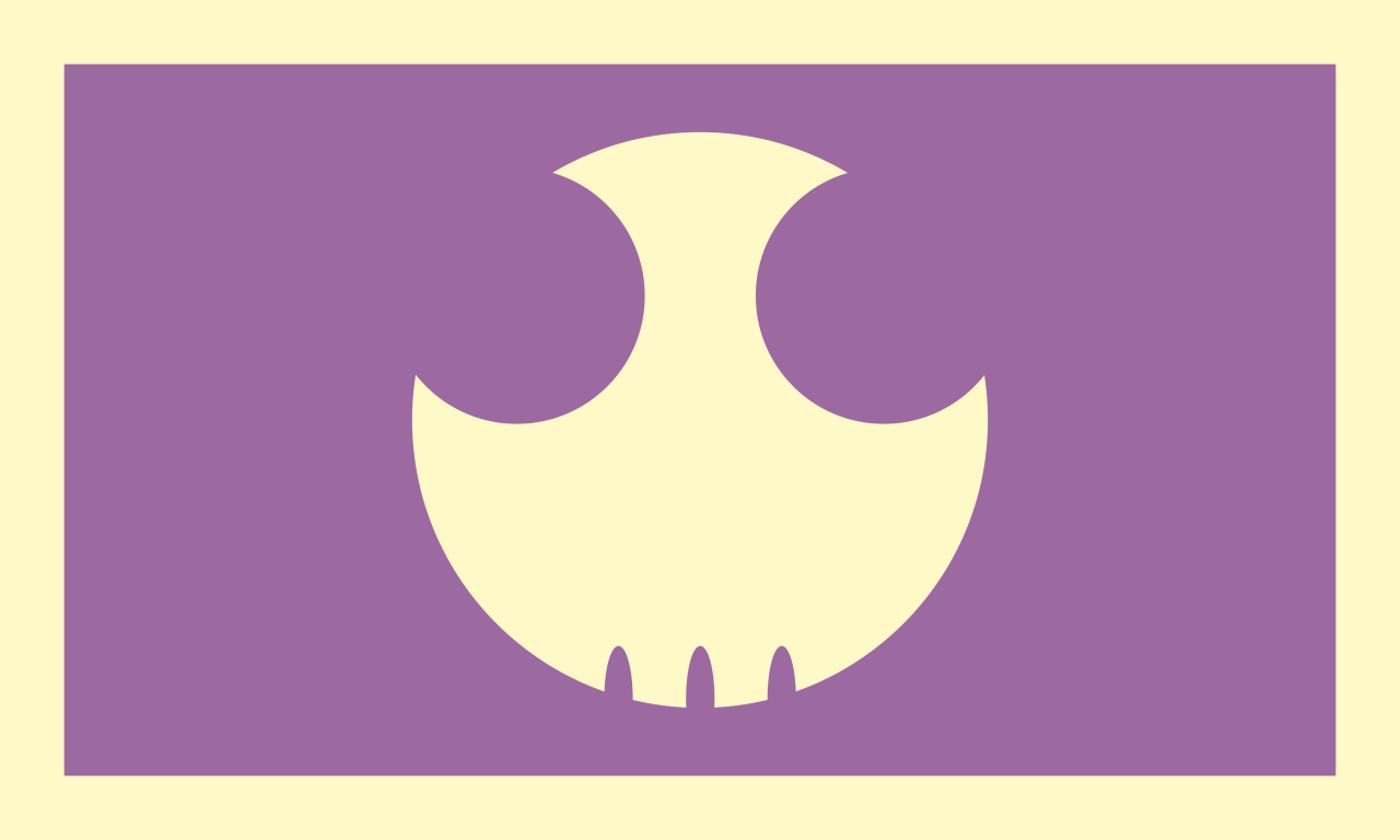 The genderfuck flag as carried in the pride-color-schemes Tumblr write-up: a purple field inside a pastel yellow border with a stylised pastel yellow skull.