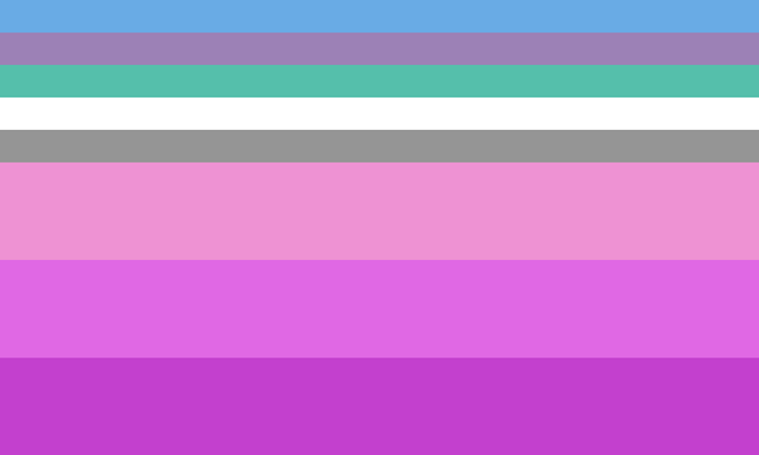 An eight-stripe girlflux design: five thin stripes in blue, purple, green, white and grey above three thick pink stripes.