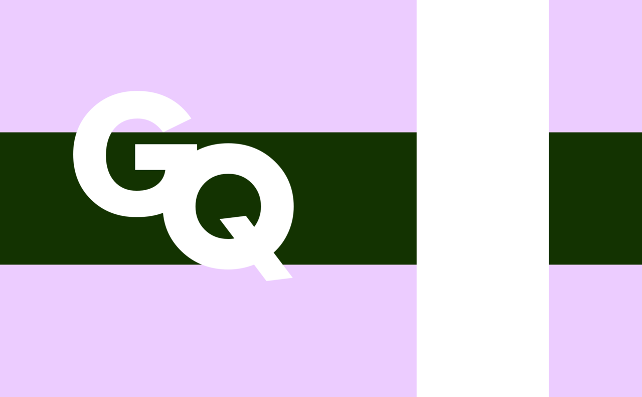 A pale lavender flag crossed by a dark green horizontal band, with a white vertical band in the fly half and large white letters G and Q over the green.