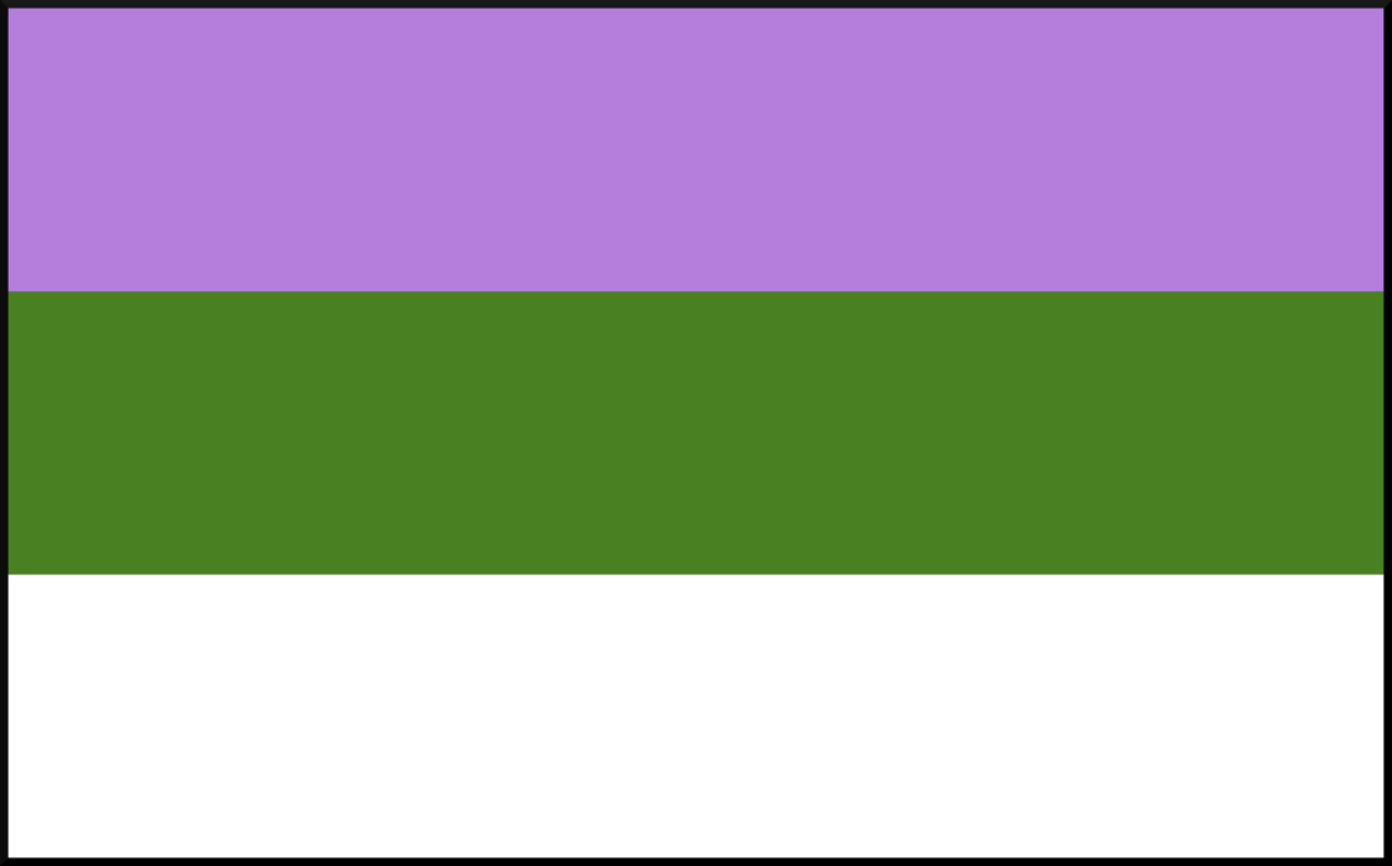 Three equal horizontal stripes, lavender over green over white, inside a black border.